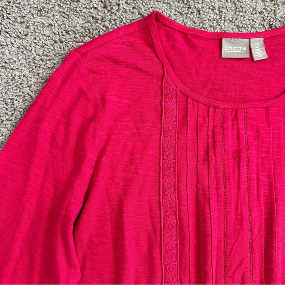Chico’s Shirt Womens Size 2 Magenta Pleated Lace Top - Picture 8 of 13